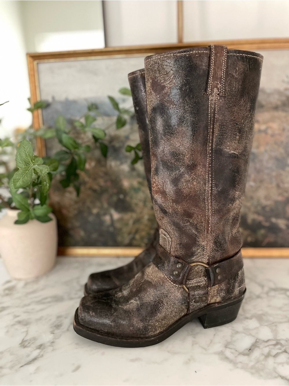 Frye 15R Harness Boots Tall Distressed Leather Brown Taupe Square Toe